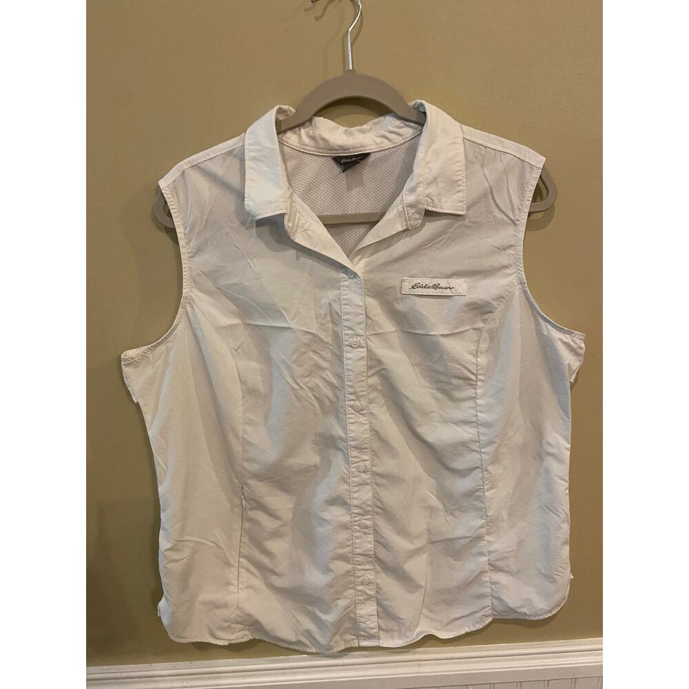 Eddie Bauer Womens XL Sleevelessโ White Vented Fishing Shirt EUC 100% Nylon